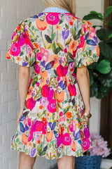 Rose Bright Floral Print Ricrac Trim Striped Patchwork V Neck Dress