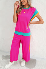 Racing Red Color Block Detail Casual Two-piece Set