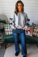 Light Grey Bowknot Long Sleeve Round Neck Sweatshirt