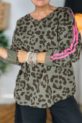 Green Leopard Print Varsity Striped Trim Long Sleeve Top
