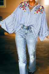 Sky Blue Stripe Floral Embroidered Billowy Sleeve Tunic Baggy Shirt