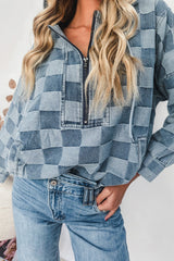 Sky Blue Checkerboard Zipped Collar Kangaroo Pocket Denim Hoodie