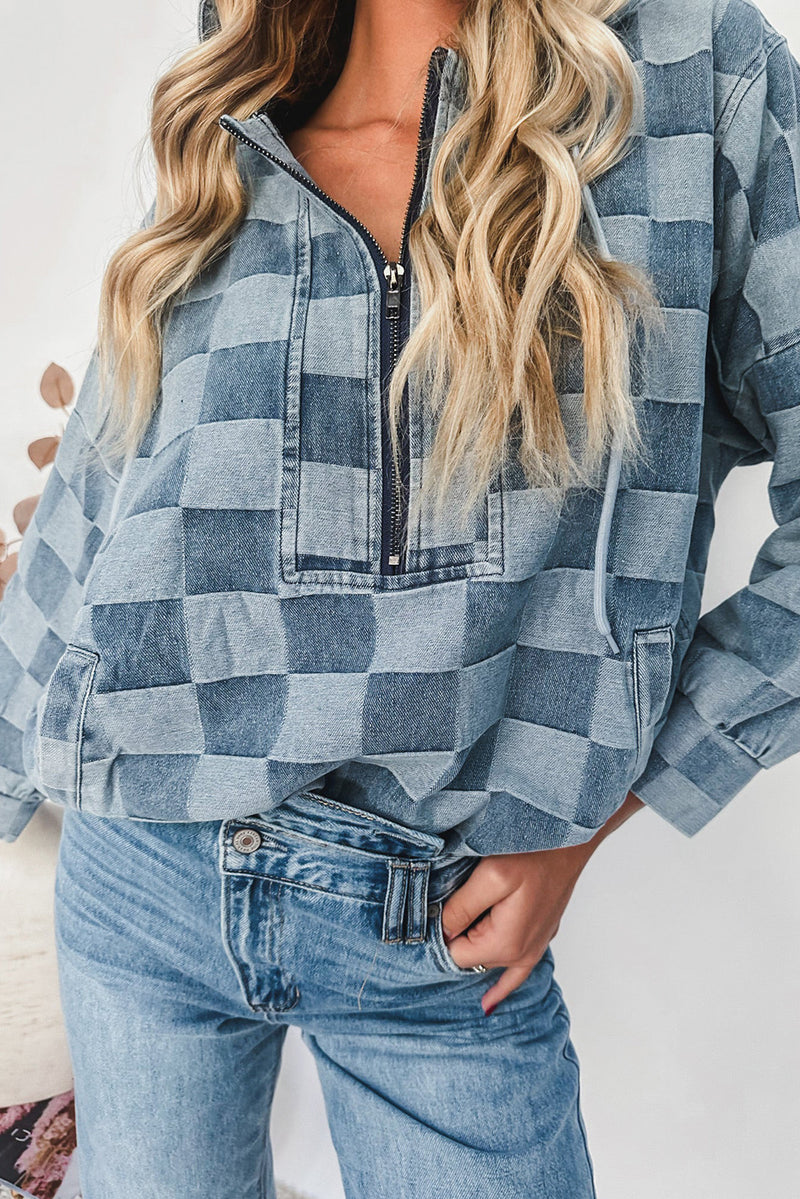 Sky Blue Checkerboard Zipped Collar Kangaroo Pocket Denim Hoodie