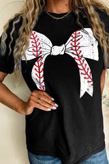 Rose Red Casual Baseball Bowknot Graphic Tee