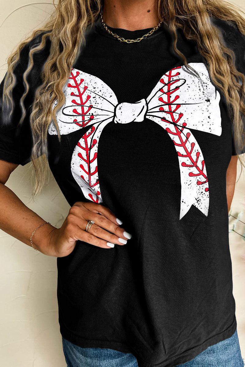 Rose Red Casual Baseball Bowknot Graphic Tee