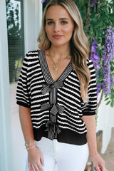 Black Stripe Short Sleeve Knit V Neck Bow Knot Sweater