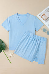 Mint Green Mineral Wash V Neck Tee Matching Skort Set