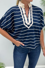 Blue Stripe Stand Collar V Neck Elastic Cuffs Half Sleeve Dolman Top
