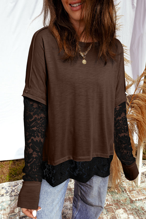 Dark Brown Sheer Lace Patchwork Casual Long Sleeve Tee