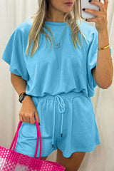 Green Solid Color Puffy Loose Top Drawstring Shorts 2pcs Outfit