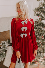 Fiery Red Bowknot Decor High Waist Velvet Mini Dress