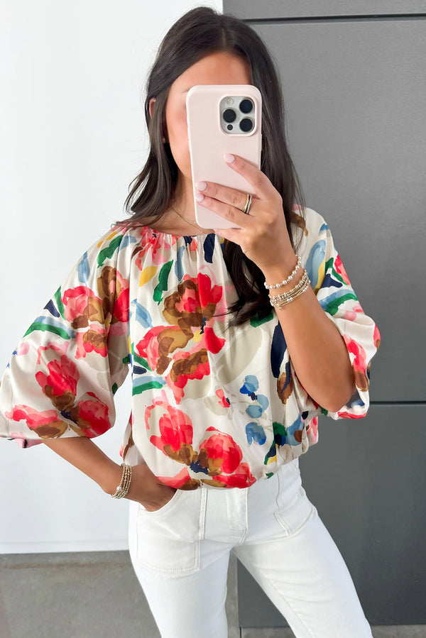 White Abstract Floral Print Puff Sleeve Blouse