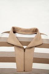 Khaki Striped Zipper Collar Pullover Sweatshirt