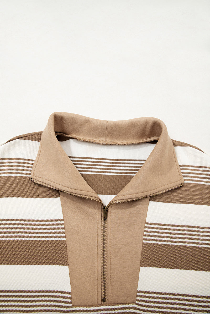 Khaki Striped Zipper Collar Pullover Sweatshirt