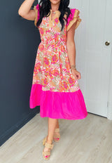 Rose Floral Print Color Block Ruffled Short Sleeve Flared Midi Dress