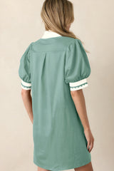 Light Pink Scallop Color Block Trim Puff Sleeve Mini Dress