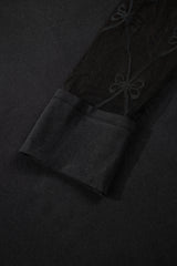 Black Solid Color Bow Textured Patchwork Long Sleeve Tee