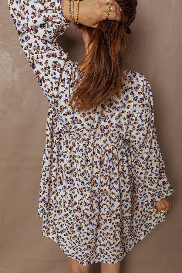 Multicolour Unique Leopard Print V Neck Button Detail Long Sleeve Mini Dress