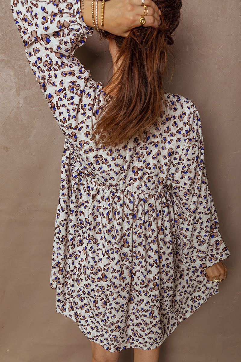 Multicolour Unique Leopard Print V Neck Button Detail Long Sleeve Mini Dress