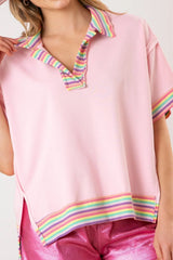 Pink Rainbow Stripe Ribbed Patchwork Raw Seam Oversize Polo Tee