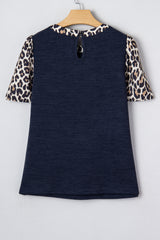 Navy Blue Ribbed Contrast Leopard Patchwork Short Sleeve Top