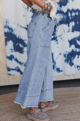 Prussian Blue Drawstring Seam Detail Raw Hem Wide Leg Jeans