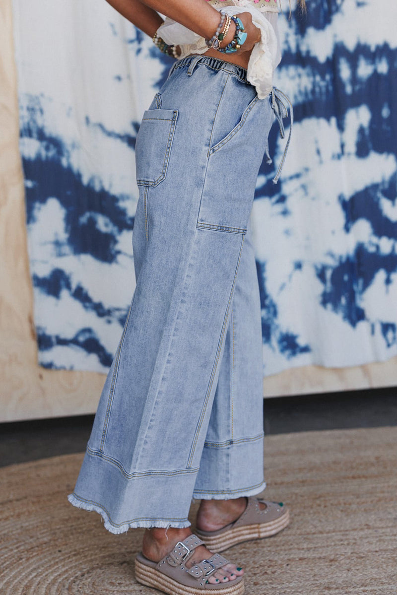 Prussian Blue Drawstring Seam Detail Raw Hem Wide Leg Jeans