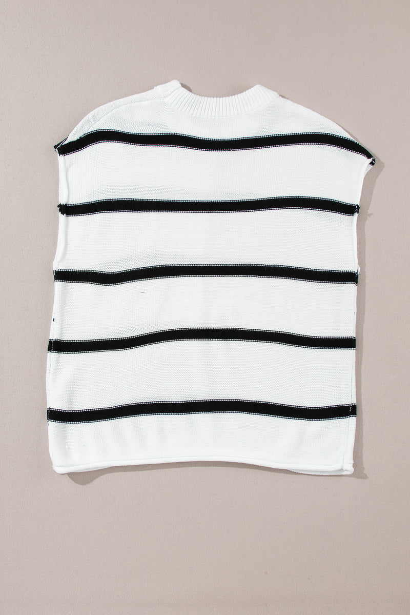 White Striped Center Seamed Short Sleeve Sweater