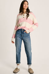 Pink Colorblock Button Collar Twisted Cable Knit Sweater