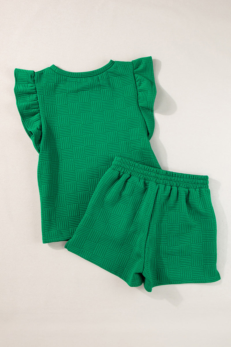 Black Textured Ruffle Sleeve Tee and Drawstring Shorts Set