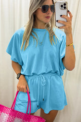 Green Solid Color Puffy Loose Top Drawstring Shorts 2pcs Outfit