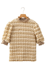 Beige Textured Frill Trim Smocked Puff Sleeve T Shirt