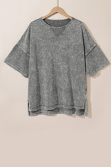 Strawberry Pink Mineral Wash Drop Sleeve Patchwork Plus Size Tee