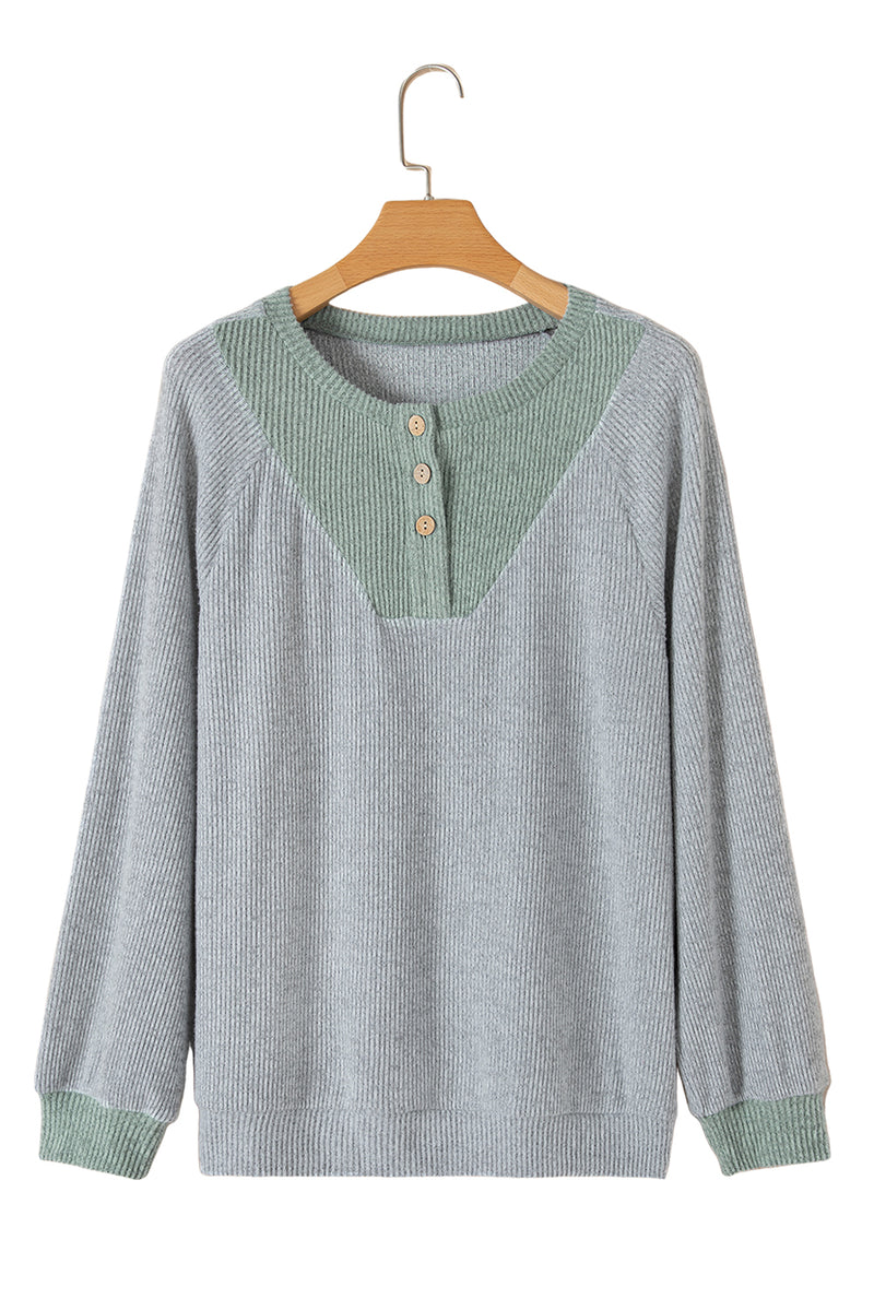 Jet Stream Contrast Ribbed Loose Fit Henley Top