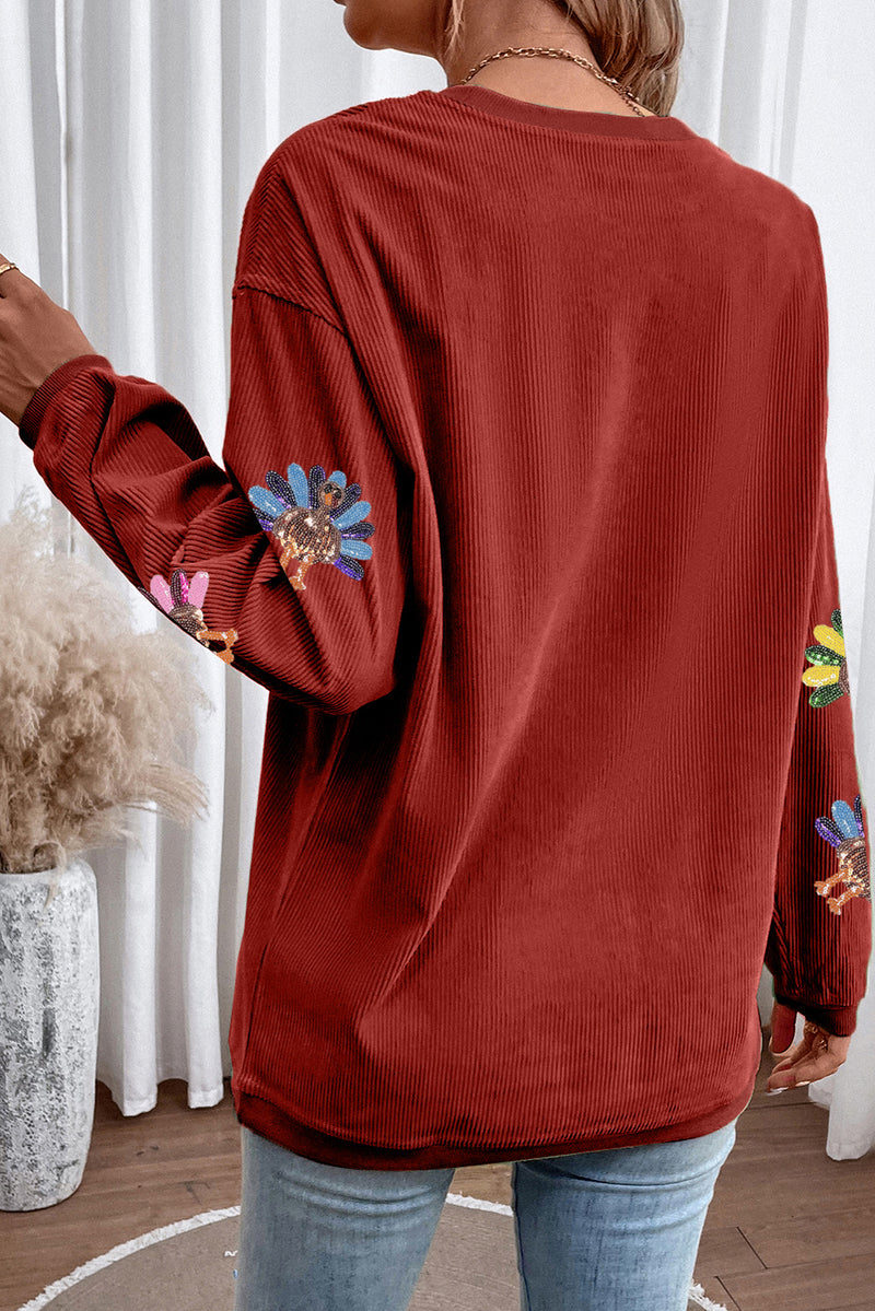 Orange Turkey Graphic Sequins Patch Corded Baggy Sweatshirt