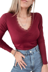 Red Dahlia Lace Sweetheart Neckline Long Sleeve Top