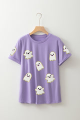 Wisteria Glitter Trim Chenille Ghost Patched Halloween Graphic Tee