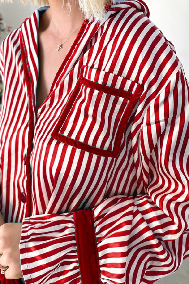 Red Striped Contrast Velvet Trim Knot Waist Pajama Set