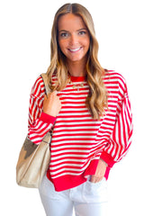 Red Striped Exposed Seam Drop Shoulder Long Sleeve Top