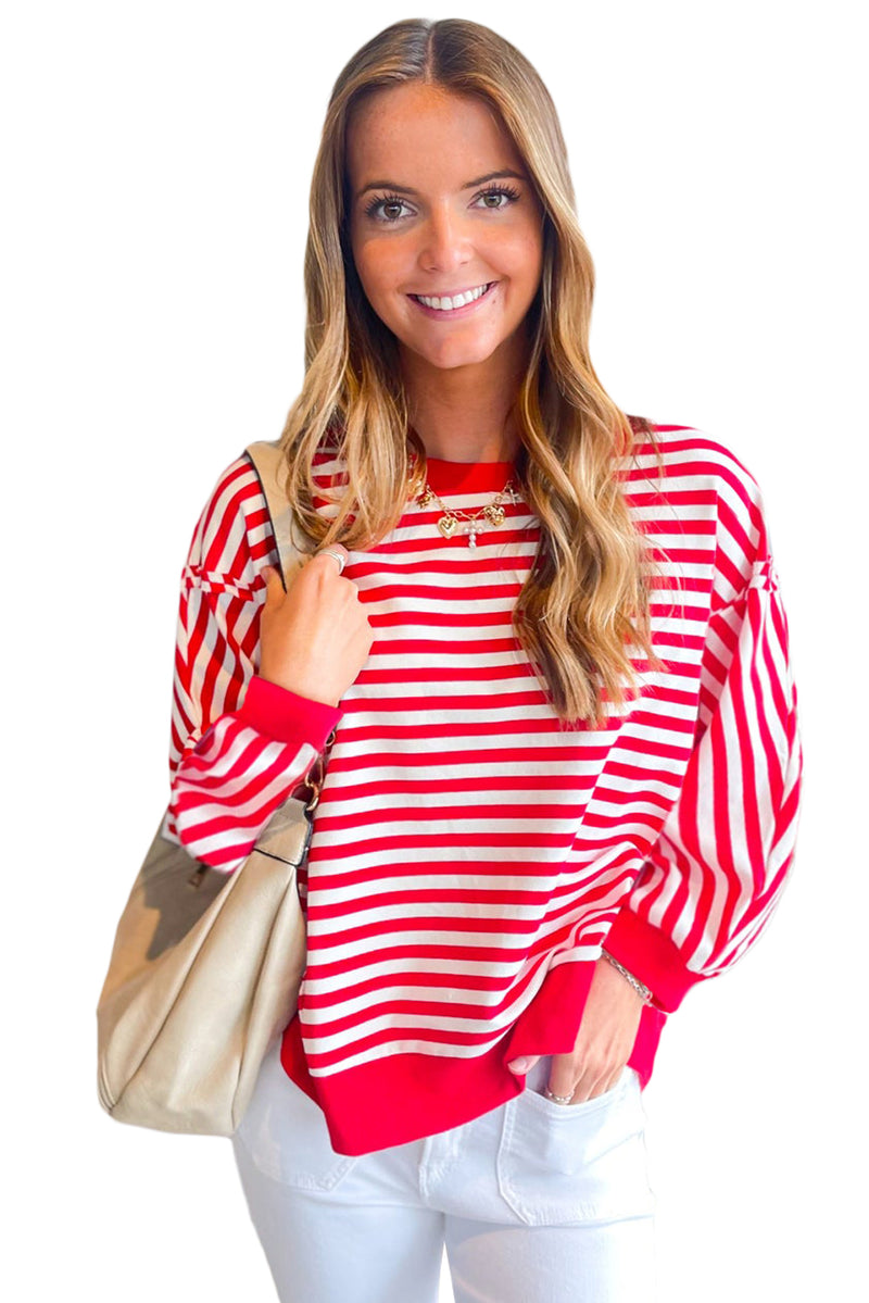 Red Striped Exposed Seam Drop Shoulder Long Sleeve Top