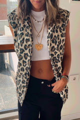 Brown Allover Leopard Print Open Front Jacket Vest