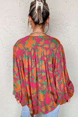Gray Morn Floral Print Batwing Sleeve Buttoned Loose Fit Shirt