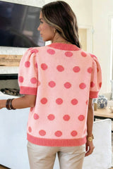 Rose Red Polka Dot Puff Short Sleeve Sweater Top