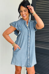 Red Sandalwood Frilled Detail Button Down Ruffle Short Sleeve Denim Mini Dress