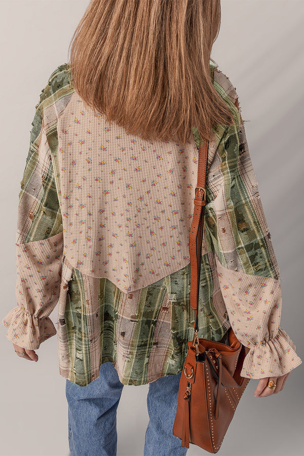 Mist Green Boho Floral Plaid Patchwork Waffle Knit Distressed Jacket
