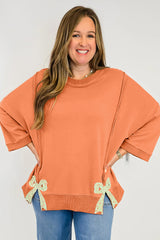 Grapefruit Orange Floral Bow Patched Exposed Seam Patchwork Slit Baggy Sweatshirt
