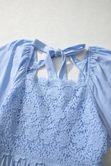 Beau Blue Flowy Short Sleeve Lace Detail Square Neck Tiered Midi Dress
