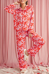 Pink Allover Bow Print Button Up and Loose Pants Pajama Set