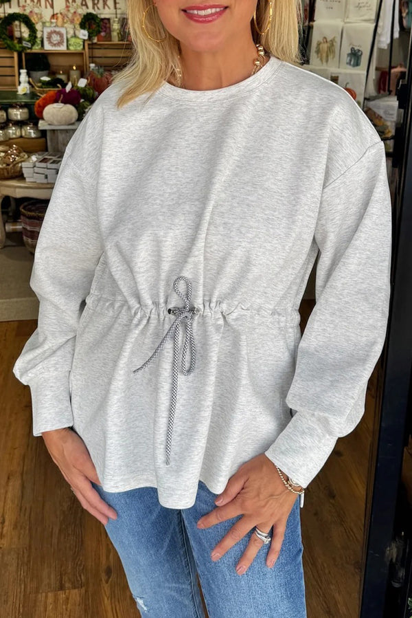 Light Grey Drawstring Waist Plain Pullover Sweatshirt