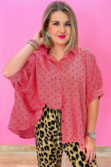 Red Heart Shape Print Half Sleeve Loose Valentine Shirt